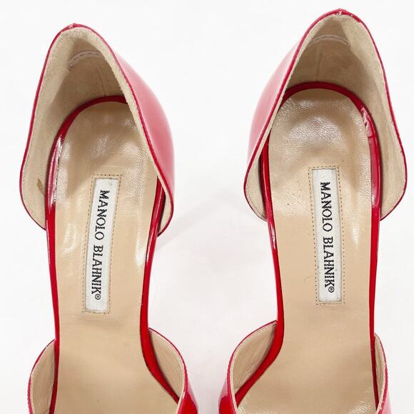 Manolo Blahnik Retro Red Patent Leather Butterflop Peep Toe D'Orsay Pump IT 38.5 - Picture 10 of 16